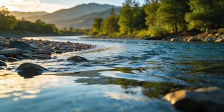Mountain river at sunset. Beautiful landscape with a mountain river.の写真素材
