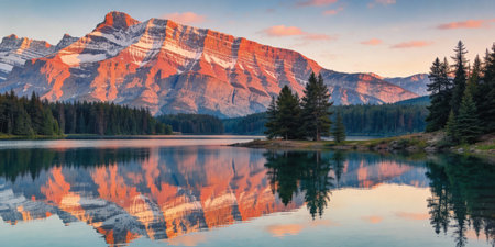 Sunset over lake in Banff National Park, Alberta, Canadaの写真素材