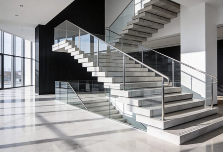 interior of modern bright office with white walls, concrete floor and black staircaseの写真素材
