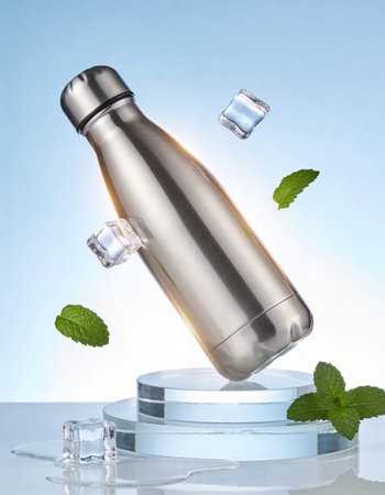 Stainless steel shaker with ice cubes and mint leaves on blue backgroundの写真素材