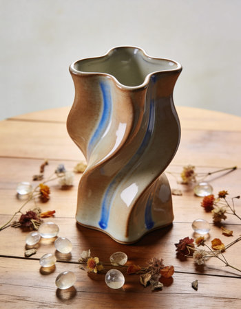 Vase on the wooden table with dried flowers and glass beads.の写真素材