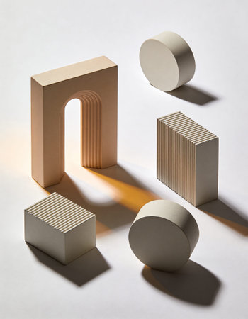 3d render of abstract geometric shapes, podiums on white backgroundの写真素材