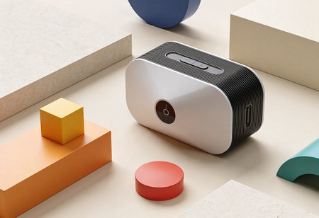 3d rendering of a wireless speaker on a white background with geometric shapesの写真素材