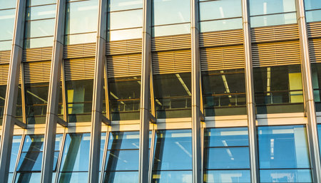 Detail of the facade of a modern office building with glass windowsの写真素材