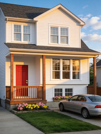 Newly built home with red front door and wooden porch. Northwest, USAの写真素材