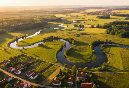 Aerial view of small village in Poland at sunset. Drone photography.の写真素材