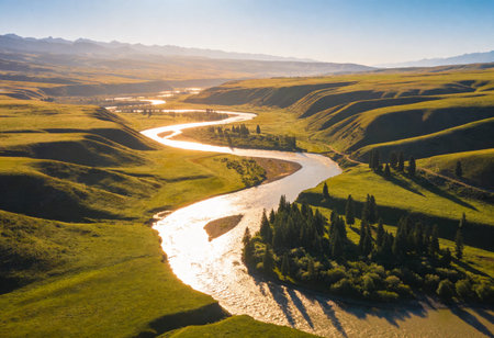 Aerial view of the valley and the river in the morning.の写真素材