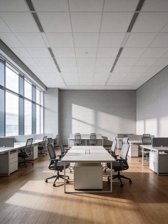 Interior of modern office with white walls, wooden floor and rows of white computer tables. 3d renderingの写真素材