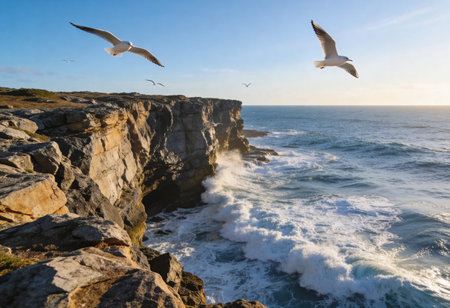 Seagulls flying over cliffs at sunset in Cabo da Roca, Portugalの写真素材