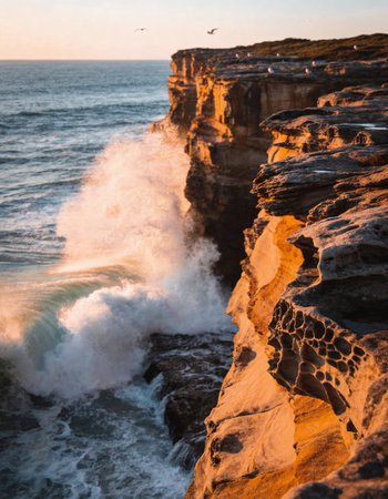 Waves crashing on cliffs at sunset, Great Ocean Road, Australiaの写真素材
