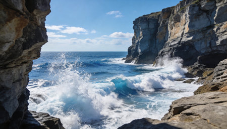 Waves crashing on the cliffs of Ponta de Sao Lourenco, Portugalの写真素材