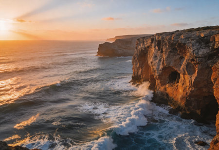 Sunset at the cliffs of Ponta de Sao Lourenco, Portugalの写真素材