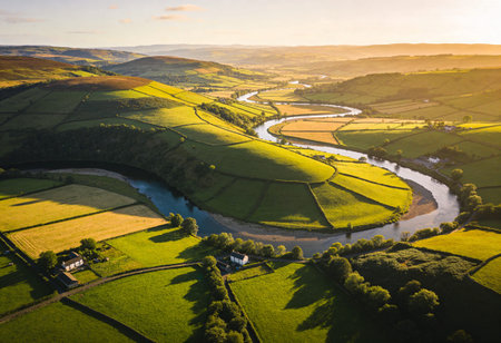 Aerial view of the River Wye in the Peak District National Park, UKの写真素材