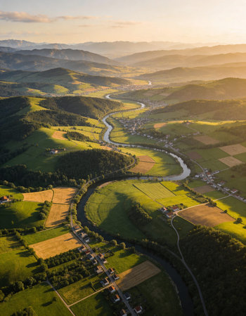 Aerial view of the valley in the mountains at sunset, Polandの写真素材