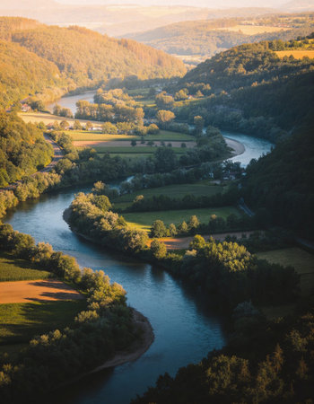 Aerial view of river and forest at sunset. Beautiful summer landscapeの写真素材