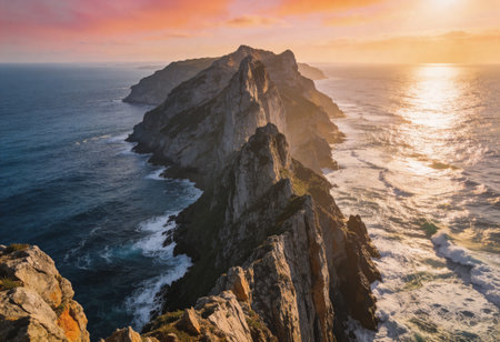 Sunset over the cliffs of Cabo da Roca in Portugalの写真素材