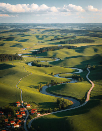 Aerial view of a small village in the middle of green fieldsの写真素材