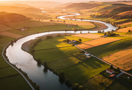 Aerial view of the river and village at sunset. Poland.の写真素材