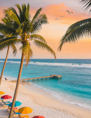 Beautiful tropical beach and sea with coconut palm tree - Vintage Filterの写真素材