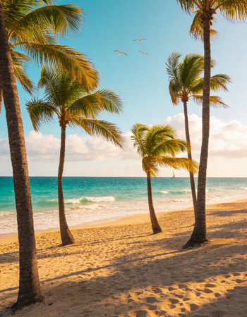 Beautiful tropical beach with palm trees and blue sky - Vintage filterの写真素材