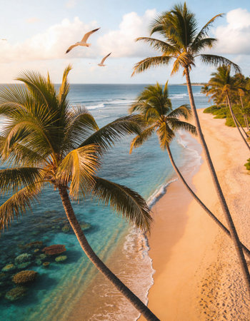 Aerial view of beautiful tropical beach with coconut palm tree and seaの写真素材
