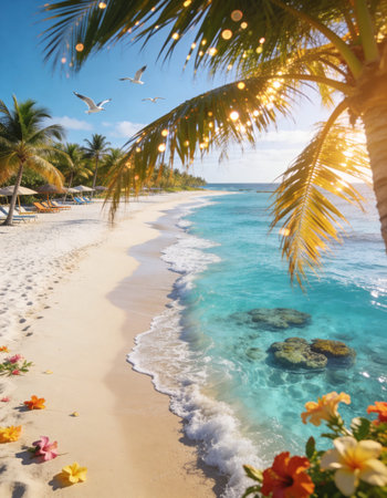 Tropical beach with palm trees and flowers, Seychellesの写真素材