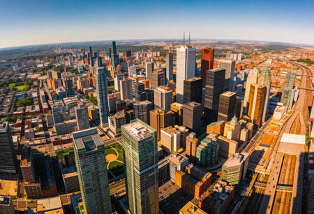 Aerial view of Frankfurt am Main skyline at sunset, Germany.の写真素材