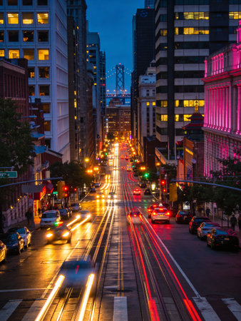 Downtown Los Angeles at night, California, United States of Americaの写真素材