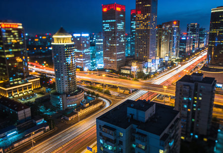 Aerial view of modern city at night, China.の写真素材