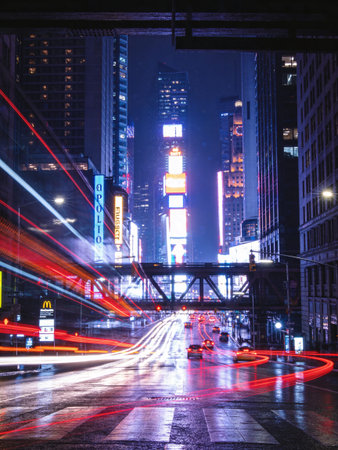 the light trails on the modern building backgroundの写真素材
