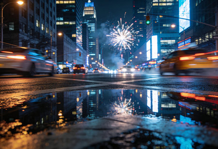 Night view of a city street with lights reflected in the puddleの写真素材