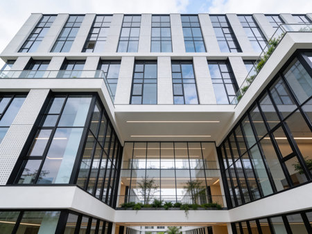 Modern office building. Exterior of modern office building with facade of glass