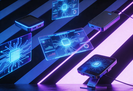 Futuristic mobile phone with HUD interface on a dark background. 3d rendering