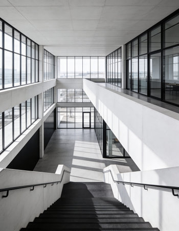 Modern architecture, staircase in a modern building, view from the inside