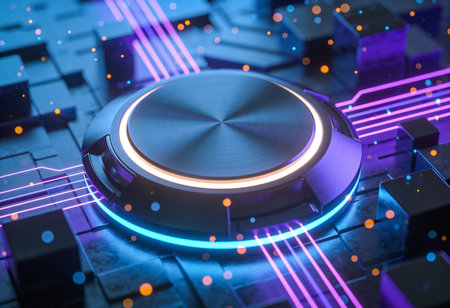 Circuit board with blue neon lights. Technology concept. 3D Rendering