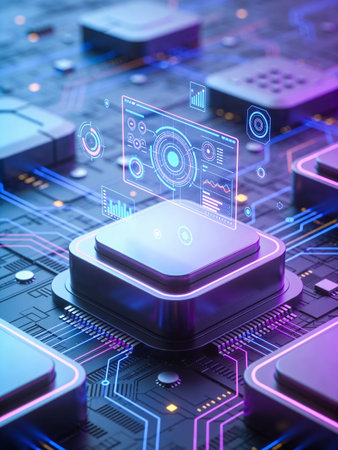Futuristic user interface on a technological background. 3d renderingの写真素材
