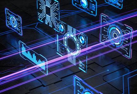 3d rendering circuit board with glowing neon lights on dark background. Technology concept
