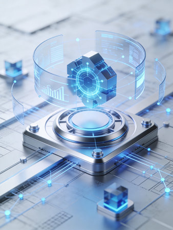 3D rendering of a futuristic user interface on a technological background.
