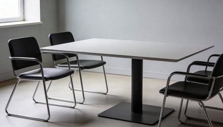 Interior of a modern meeting room with black chairs and a table