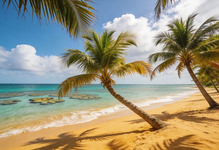 Coconut palm trees on a tropical beach in Seychellesの写真素材