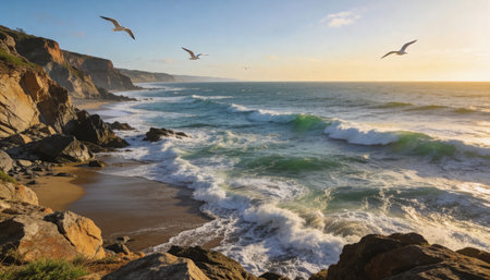 Seagulls flying over the ocean at sunset, Monterey, Californiaの写真素材