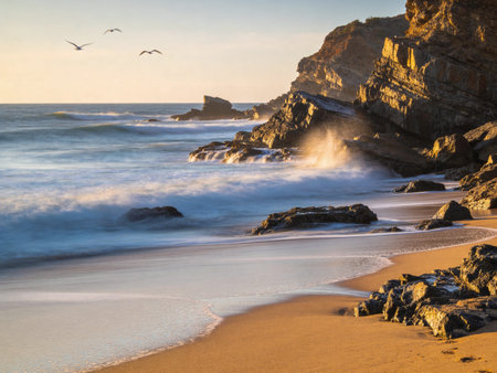 Beautiful seascape at sunset, Portugal. Long exposure.の写真素材
