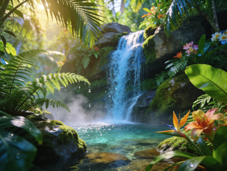 Beautiful waterfall in the tropical forest with ferns and flowersの写真素材