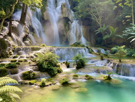 Beautiful waterfall in deep forest at Luang Prabang, Laosの写真素材