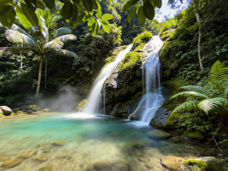 Tropical waterfall in the jungle of Bali island, Indonesiaの写真素材