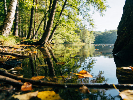 Beautiful autumn landscape with a lake and fallen leaves in the forestの写真素材