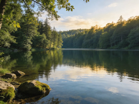 beautiful lake in the forest at sunset. beautiful summer landscape.の写真素材