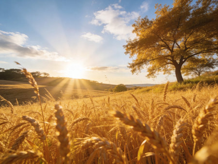 Wheat field and sun in the sky. Beautiful rural landscape.の写真素材