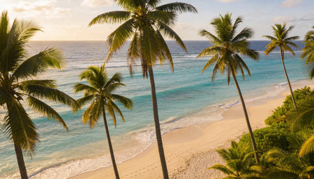 Beautiful tropical beach with palm trees at sunset.の写真素材