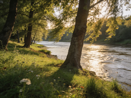 Sunset on the river in the forest. Beautiful summer landscape.の写真素材
